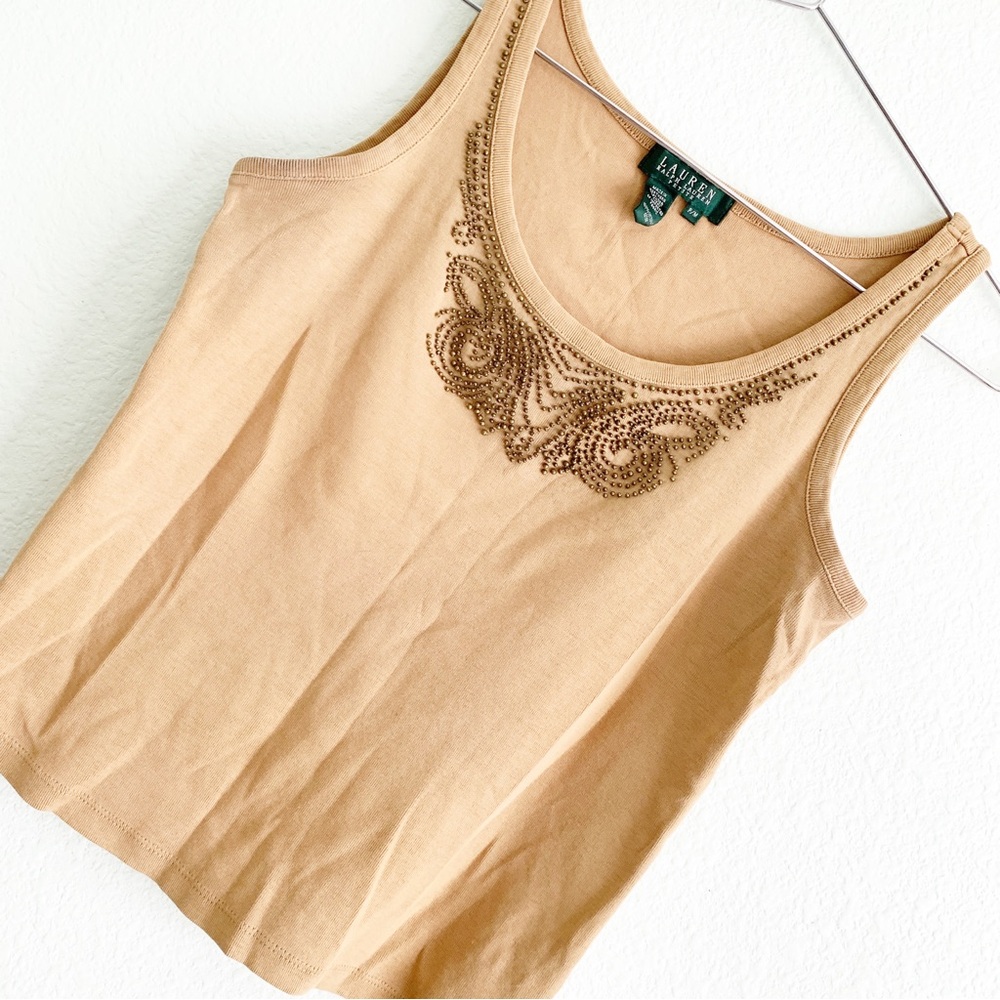 LAUREN RALPH LAUREN vintage camel brown tan embellished tank top beaded blouse S